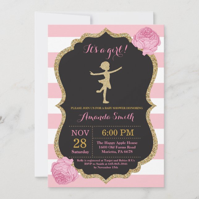 Ballerina Baby Shower Rosa och Guld Glitter Inbjudningar (Framsida)