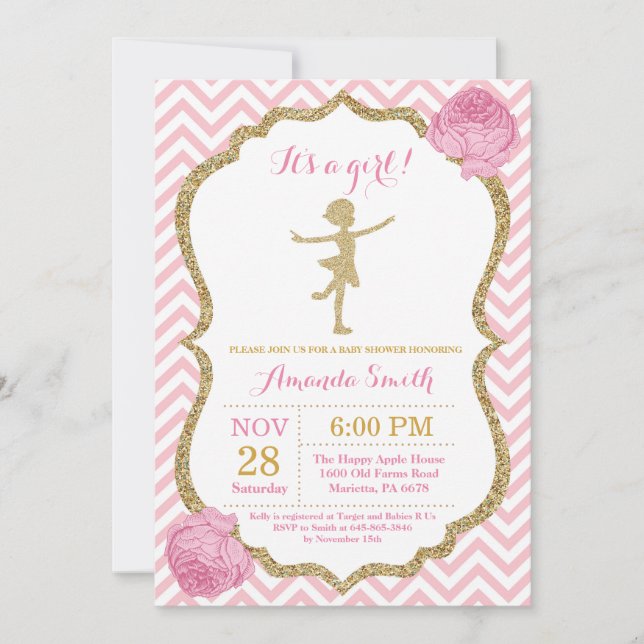 Ballerina Baby Shower Rosa och Guld Glitter Inbjudningar (Framsida)