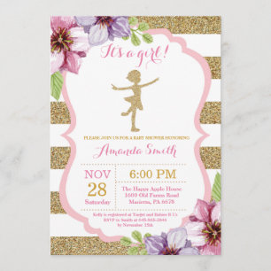 Ballerina Baby Shower Rosa och Guld Glitter Inbjudningar