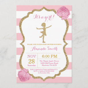 Ballerina Baby Shower Rosa och Guld Glitter Inbjudningar