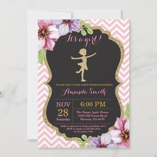 Ballerina Baby Shower Rosa och Guld Glitter Inbjudningar (Framsida)