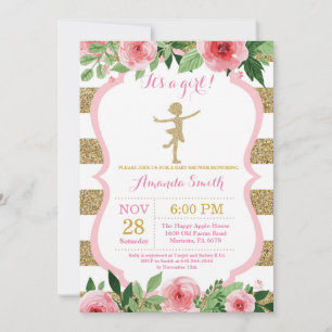 Ballerina Baby Shower Rosa och Guld Glitter Inbjudningar