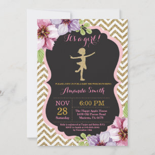 Ballerina Baby Shower Rosa och Guld Glitter Inbjudningar