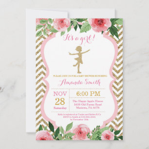 Ballerina Baby Shower Rosa och Guld Glitter Inbjudningar