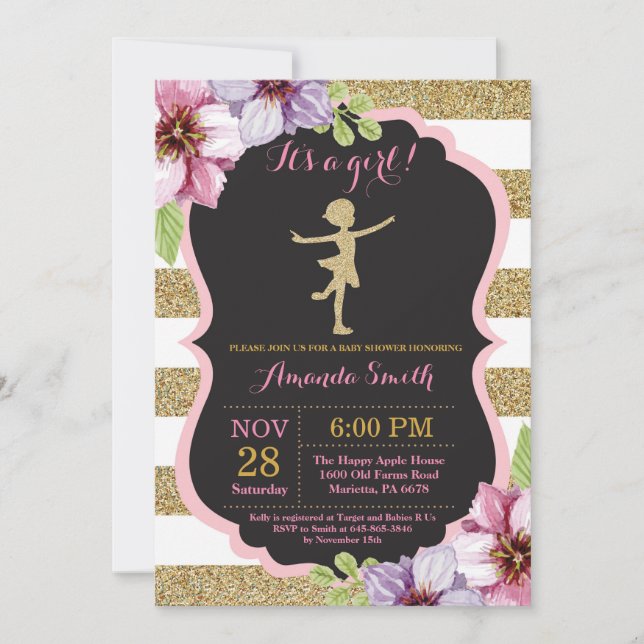 Ballerina Baby Shower Rosa och Guld Glitter Inbjudningar (Framsida)