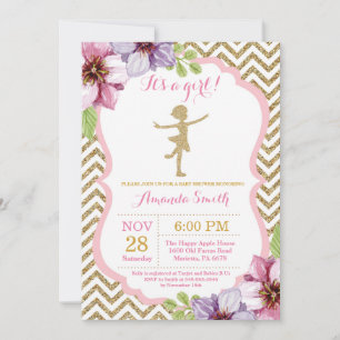 Ballerina Baby Shower Rosa och Guld Glitter Inbjudningar