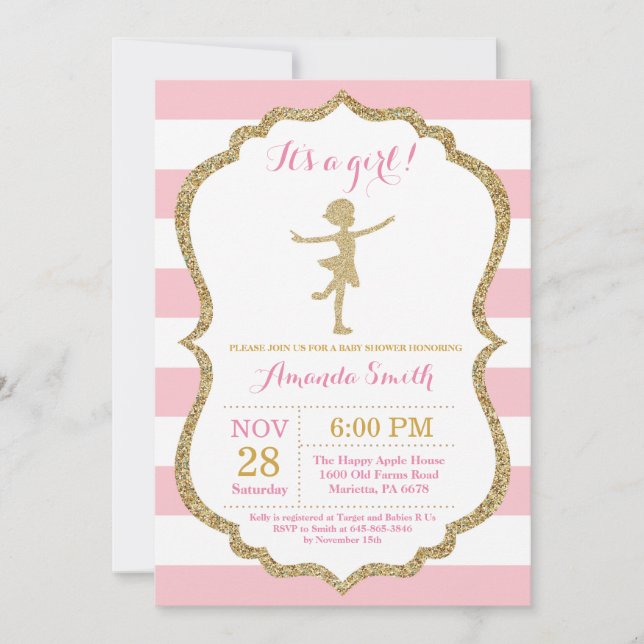 Ballerina Baby Shower Rosa och Guld Glitter Inbjudningar (Framsida)