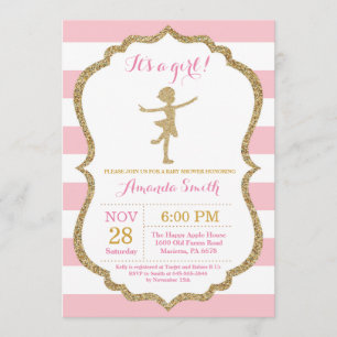 Ballerina Baby Shower Rosa och Guld Glitter Inbjudningar