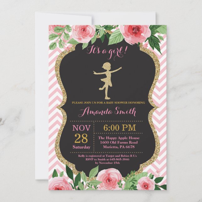 Ballerina Baby Shower Rosa och Guld Glitter Inbjudningar (Framsida)