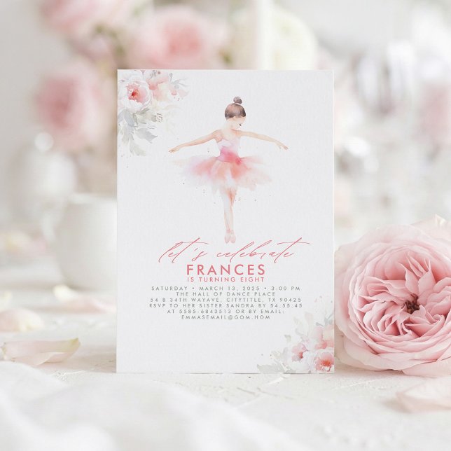 Ballerina Balett Blommig Rosa Födelsedagsfest Inbjudningar (Dreamy Elegant Pink Dress Ballerina Birthday Invitation)