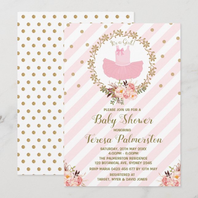 Ballerina Ballet Ballet med rosa Tutu Baby Shower- Inbjudningar (Fram/baksida)