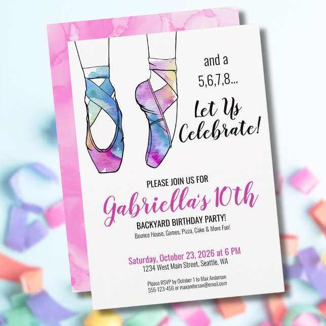 Ballerina Ballet Födelsedagsfest Inbjudningar (Ballerina Watercolor Ballet Girls 10th Birthday Invitation)