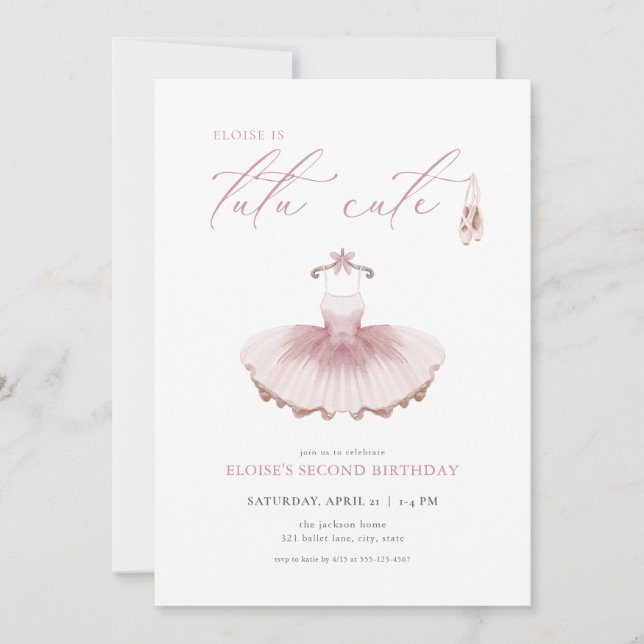 Ballerina Ballet Tutu Cute 2:a födelsedagsinbjudan Inbjudningar (Framsida)