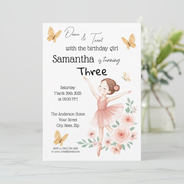 Ballerina Birthday bjudande - Rosa Ballet Party Inbjudningar (Stående Fram)