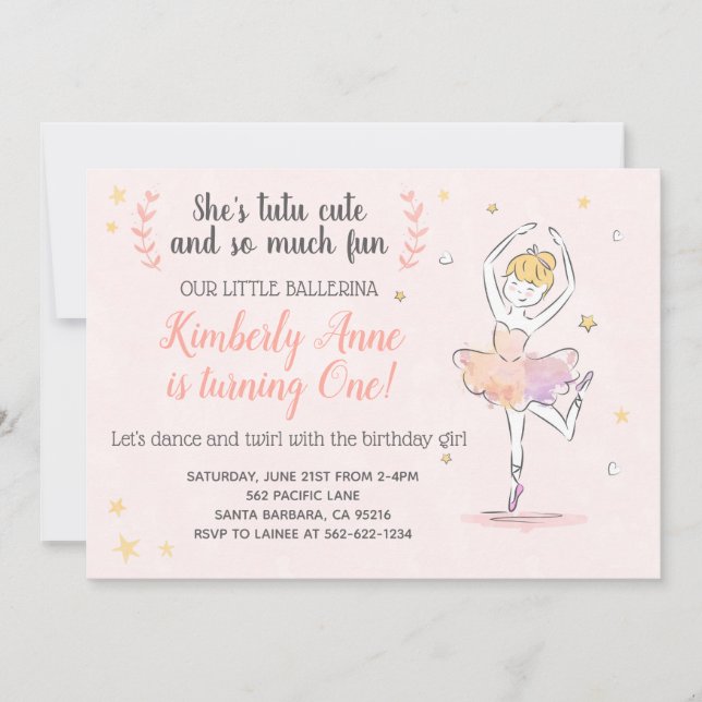Ballerina Birthday bjudande Tutu Cute Inbjudningar (Framsida)