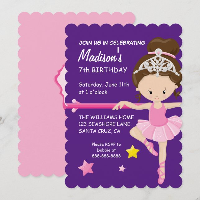 Ballerina Birthday Inbjudningar (Fram/baksida)