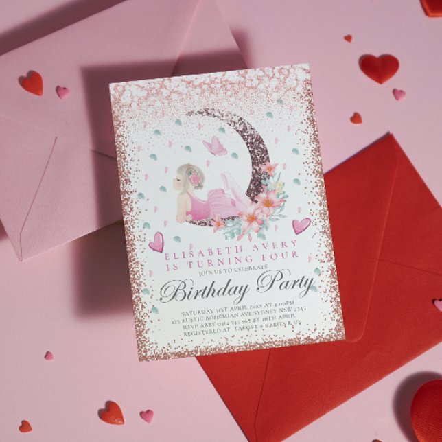 Ballerina Birthday Måne Pastel Rosa Glitter Inbjudningar (Skapare uppladdad)