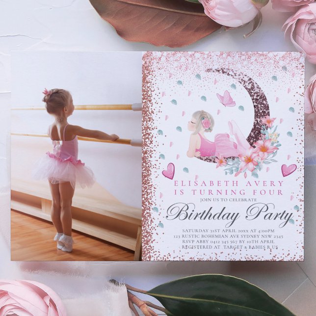 Ballerina Birthday Måne Pastel Rosa Glitter Photo Inbjudningar (Skapare uppladdad)