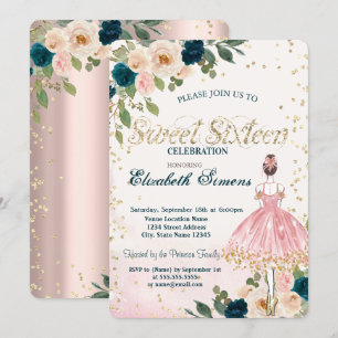 Ballerina Blommor Diamanter Rosa Guld Sweet 16 Inbjudningar