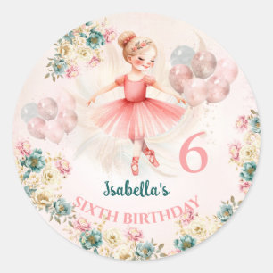 Ballerina Blond Rosa Teal Blommigt Birthday Runt Klistermärke