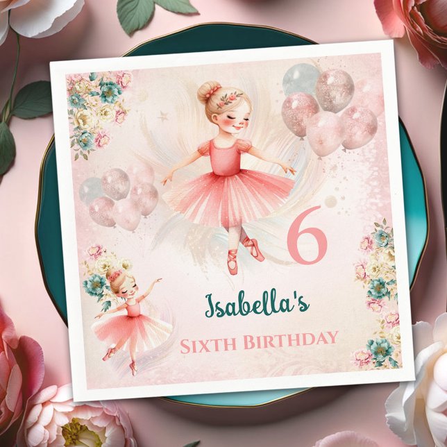 Ballerina Blond Rosa Teal Blommigt Girly Birthday Pappersservett (Ballerina Blond Pink Teal Floral Girly Birthday Napkins)