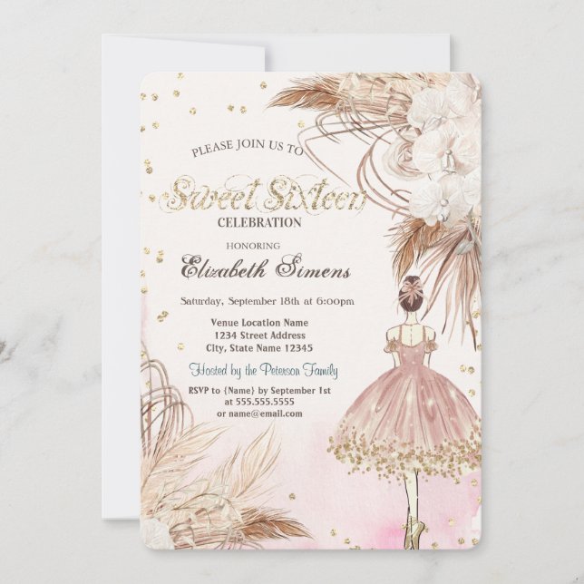 Ballerina Boho Flowers Ro Guld Sweet 16 Inbjudningar (Framsida)