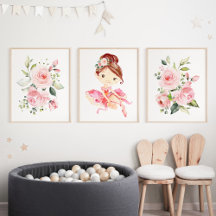 Ballerina, Brown Hair, Rosa Flowers, Girl Nursery