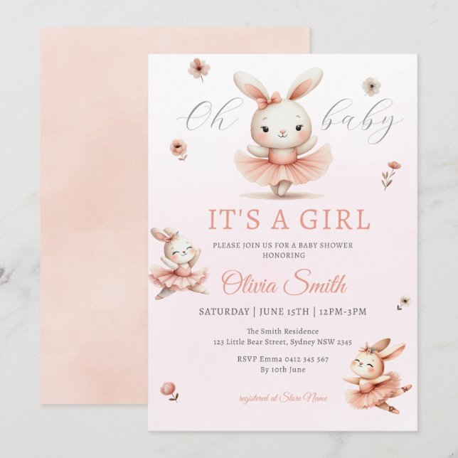 Ballerina Bunnies Oh Baby Bunny Girl Baby Shower Inbjudningar (Fram/baksida)
