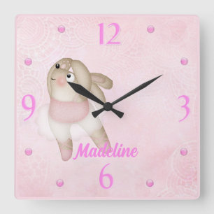 Ballerina Bunny Nursery Wall Clock Fyrkantig Klocka