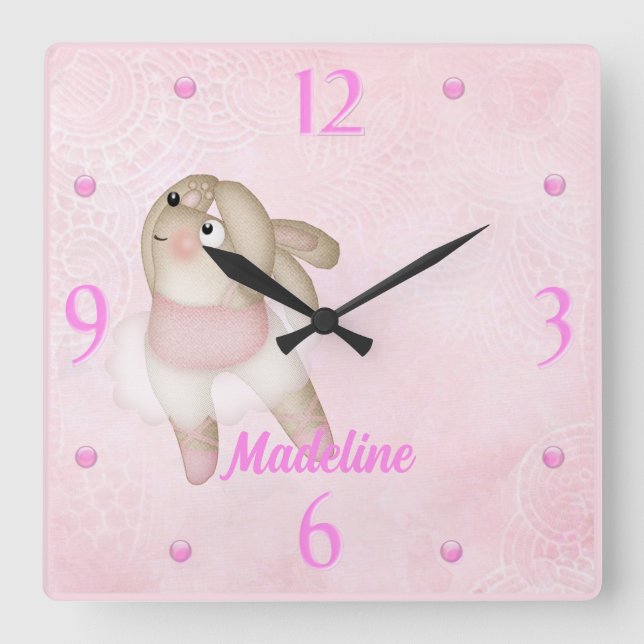 Ballerina Bunny Nursery Wall Clock Fyrkantig Klocka (Framsida)