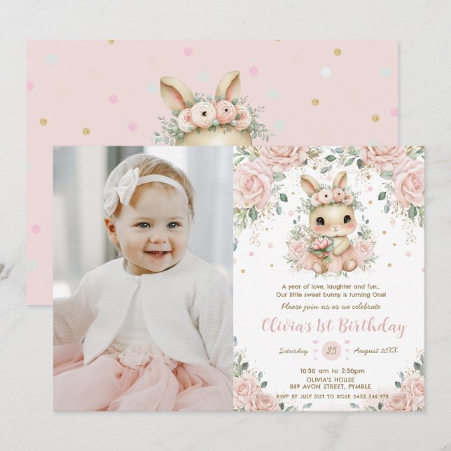 Ballerina Bunny Rabbit 1:a födelsedag Foto Inbjudningar (Fram/baksida)