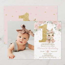 Ballerina Bunny Rabbit Blush 1st Birthday Photo Inbjudningar