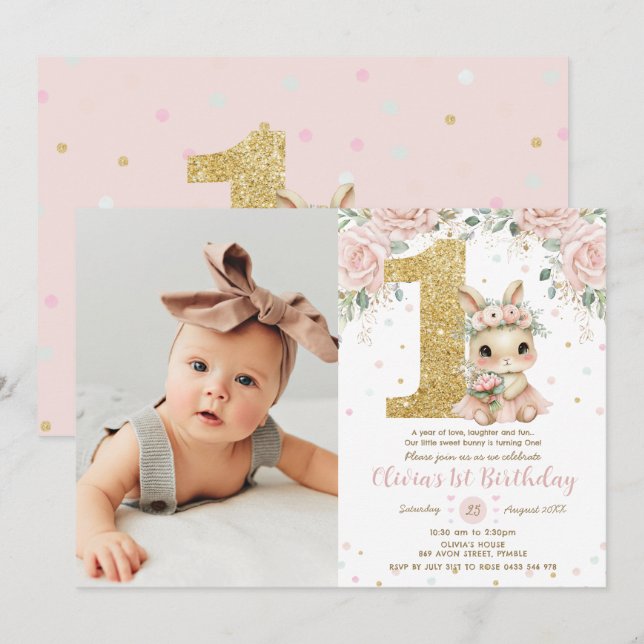 Ballerina Bunny Rabbit Blush 1st Birthday Photo Inbjudningar (Fram/baksida)