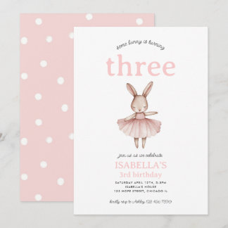 Ballerina Bunny Rosa Rabbit Cute Girl 3rd Birthday Inbjudningar