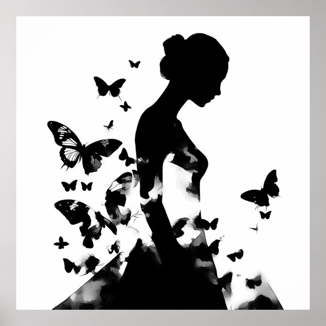 Ballerina & Butterflies Silhouette Black & White Poster (Framsidan)