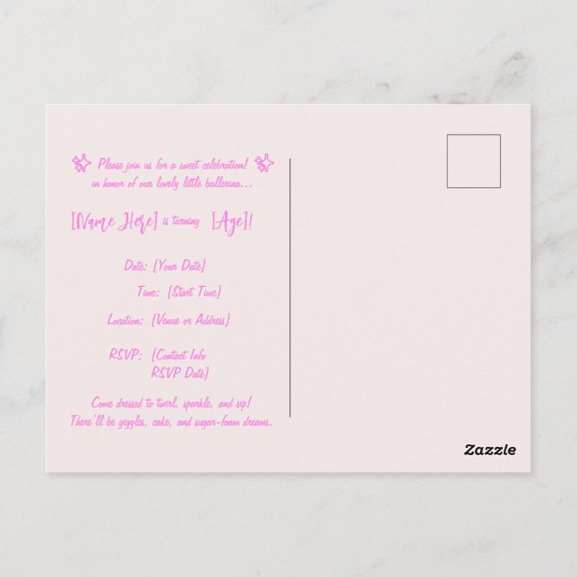 Ballerina Cappuccina Födelsedagsinbjudan – Anpassa Vykort (Baksida)