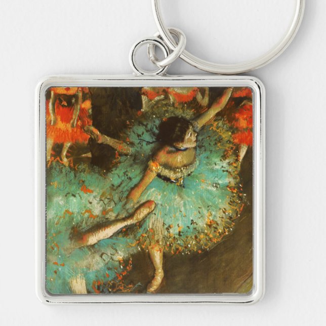 Ballerina Dance Grönt Dancer Edger Degas Painting Fyrkantig Silverfärgad Nyckelring (Framsidan)