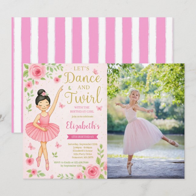 Ballerina Dance och Twirl Birthday Photo Inbjudningar (Fram/baksida)