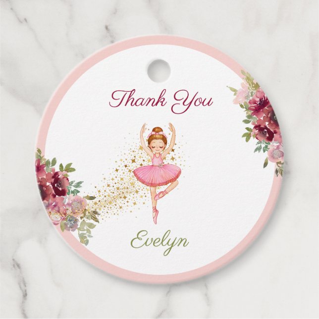 Ballerina Dancer| Rosa Blommigt Ballet Birthday Gåvor Etiketter (Framsida)