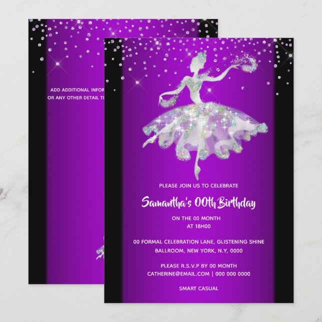 Ballerina dansar glitter lila Flickor party Inbjudningar (Fram/baksida)
