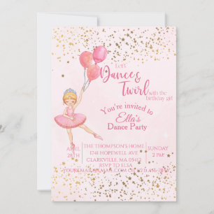 Ballerina dansar rosa vattenfärg födelsedag inbjudningar