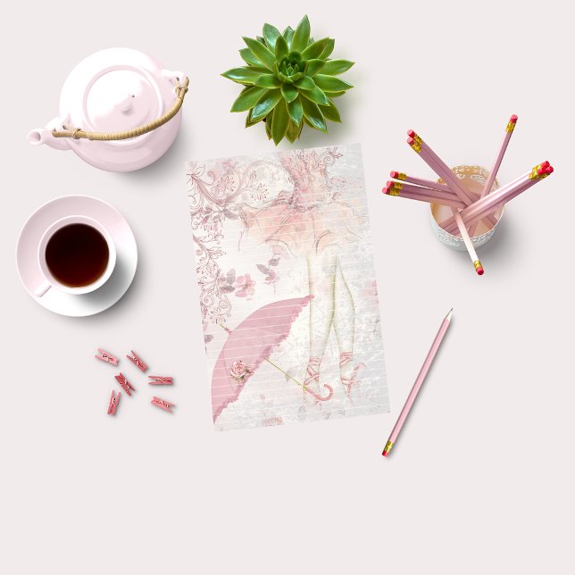 Ballerina en Pointe med Rosa Parasol Blommigt Led Brevpapper (Skapare uppladdad)