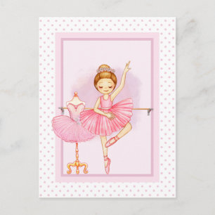 Ballerina flicka & teddybjörn rosa prickar vykort