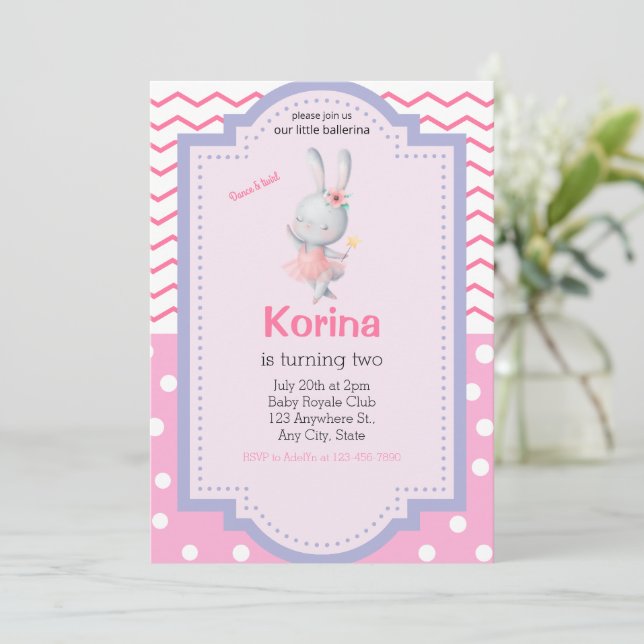 Ballerina-flickfödelsedag inbjudan, bunny danssnor inbjudningar (Stående Fram)