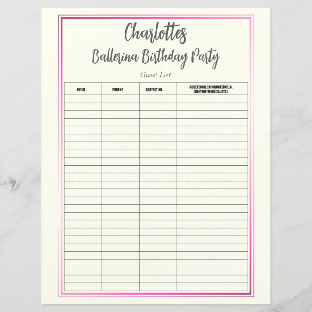 Ballerina Födelsedagsfest Guest List (Framsida)