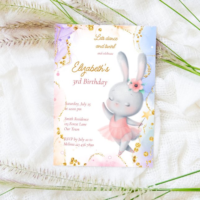 Ballerina födelsedagsfest gulldansbunny inbjudningar (Skapare uppladdad)