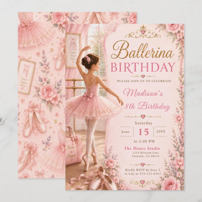 Ballerina Födelsedagsfest Inbjudningar (Fram/baksida)