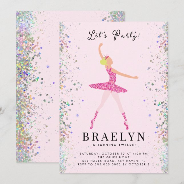 Ballerina Födelsedagsfest Rosa Glitter Design Inbjudningar (Fram/baksida)