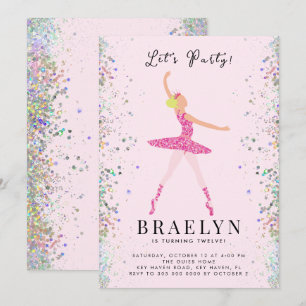 Ballerina Födelsedagsfest Rosa Glitter Design Inbjudningar