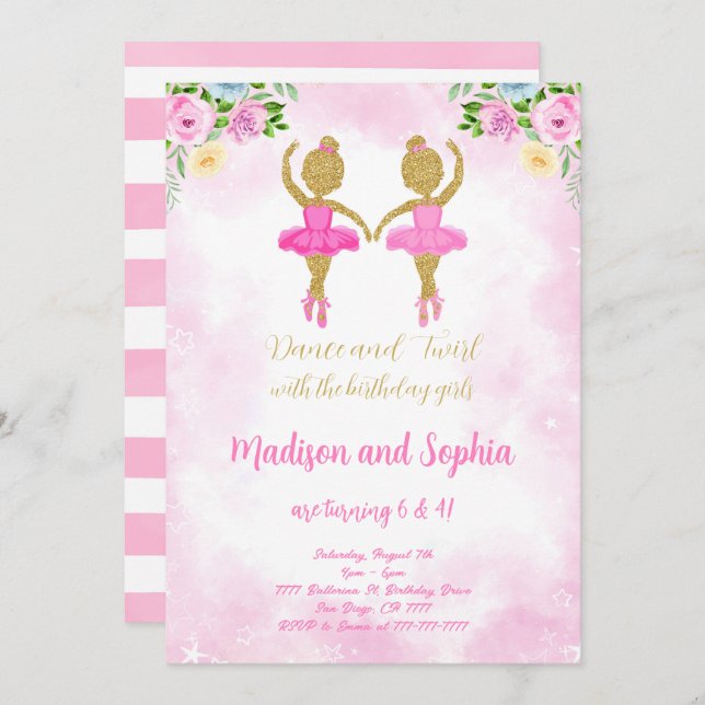 Ballerina födelsedagsinbjudan inbjudningar (Fram/baksida)